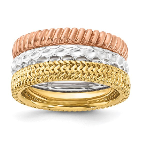 Sterling Silver Stackable Expressions Gold-tone and Rose-tone Textured Pattern 3 Ring Set