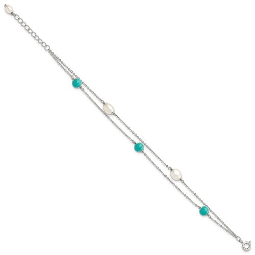 Sterling Silver Turquoise/FWC Pearl with 1in Ext Bracelet